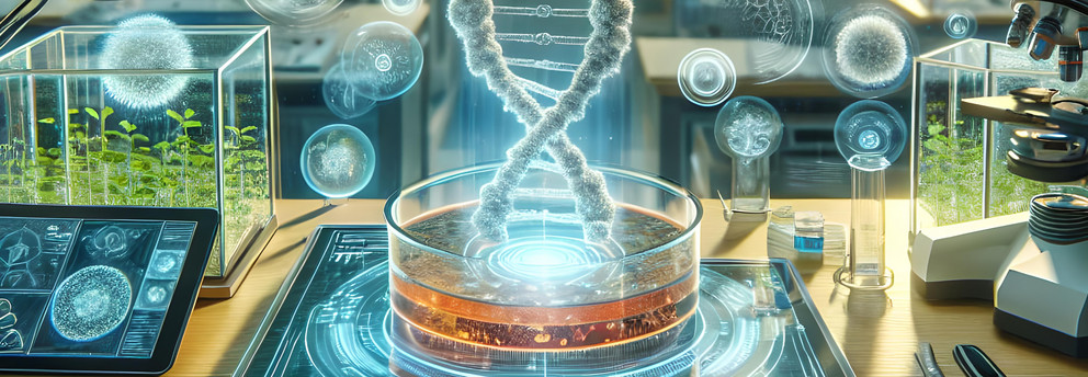 Microbiology laboratory in the centre holographic DNA strand. Holographic diagrams and data on the walls. Green plants round off the lab.